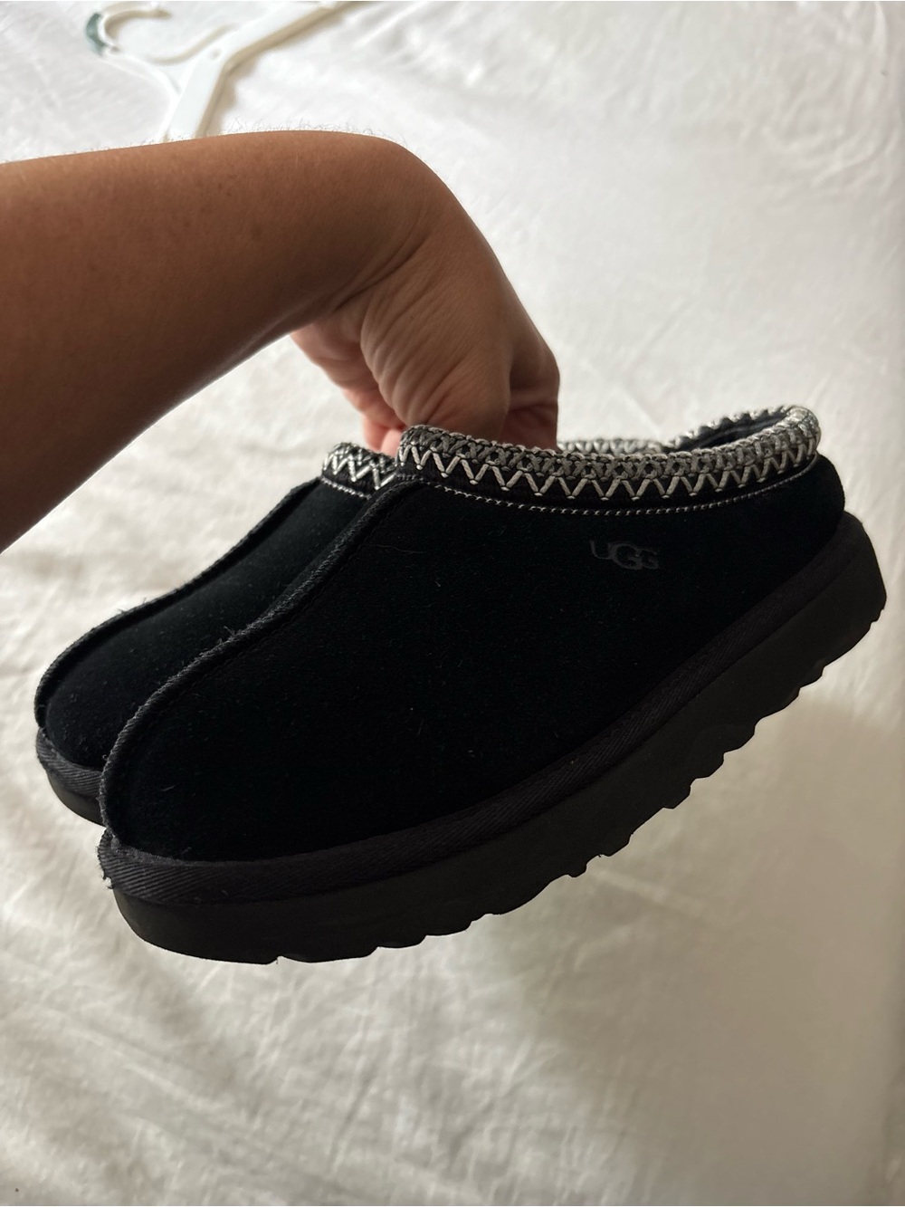 UGG Girls Black Suede Mule Slippers with Contrast Trim